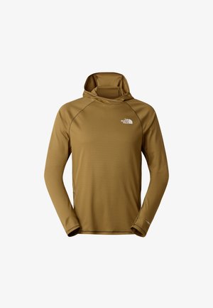 Bluzka z długim rękawem i kapturem w kolorze khaki, wykonana z fakturowanej tkaniny, z logo na piersi i kontrastującymi szwami.