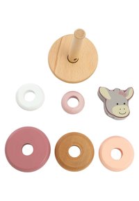 Wooden ring tower with a light wood base and central post. Includes six colored rings: white, pink, beige, and red. Features a gray animal head.