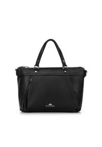 Schwarze Lederhandtasche mit strukturiertem Oberflächen, Reißverschluss oben, doppelten Griffen und Seitentasche. Verziert mit silbernen Hardwareelementen und Logoakzent.