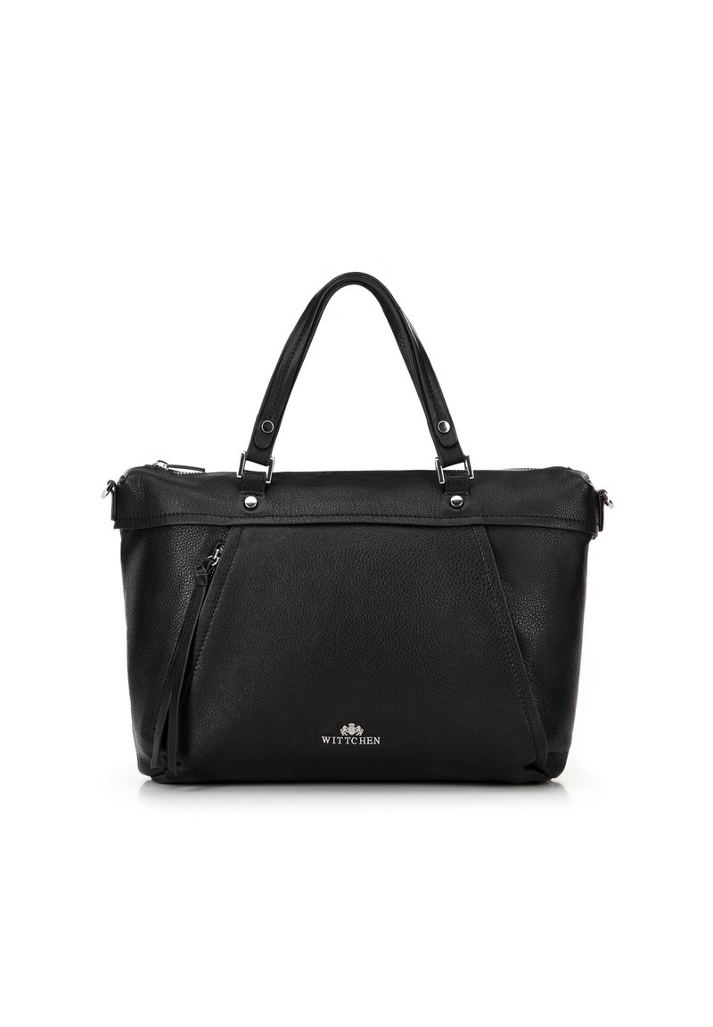 Schwarze Lederhandtasche mit strukturiertem Oberflächen, Reißverschluss oben, doppelten Griffen und Seitentasche. Verziert mit silbernen Hardwareelementen und Logoakzent.
