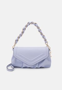 Light lavender handbag made of smooth material, featuring a braided chain strap and a folded design with chevron stitching details.