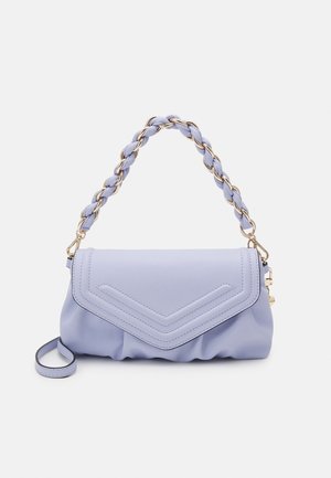 Light lavender handbag made of smooth material, featuring a braided chain strap and a folded design with chevron stitching details.