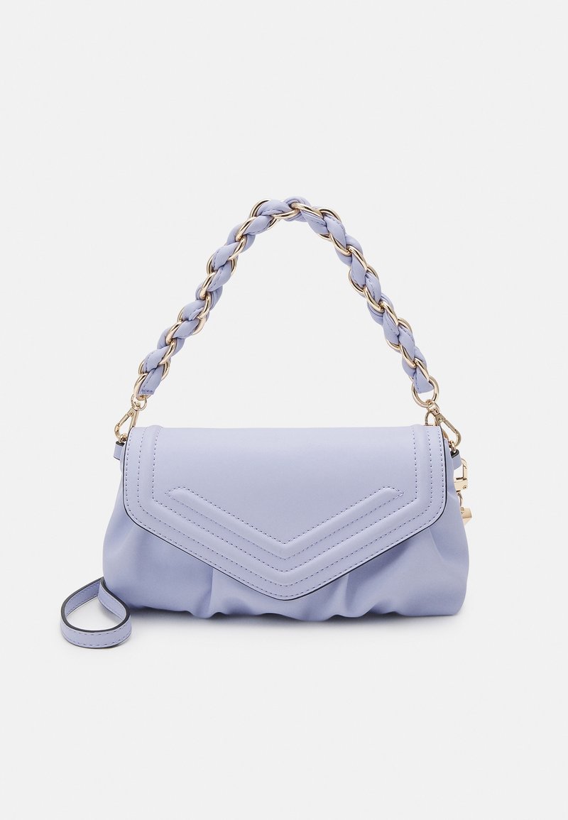 Light lavender handbag made of smooth material, featuring a braided chain strap and a folded design with chevron stitching details.