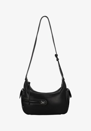 Schwarze Leder-Schultertasche mit geschwungener Form, weißer Naht, Reißverschlusstasche und verstellbarem Riemen. Glatte Textur.