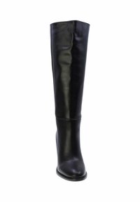 Stivali neri in pelle al ginocchio con finitura liscia, punta rotonda e tacco moderato. Presentano un design elegante e una silhouette aderente.