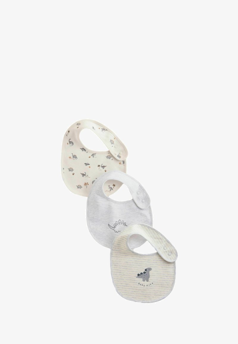 Trois bavoirs pour bébés de couleurs neutres avec des motifs de dinosaures, chacun avec des fermetures pression sur les lanières du cou pour un ajustement réglable.