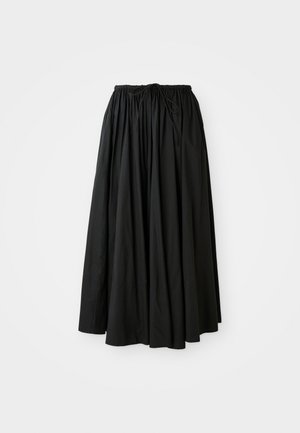 Jupe noire, longueur cheville en tissu léger. Dotée d'une taille froncée avec un cordon de serrage pour un ajustement réglable et d'une silhouette évasée.