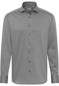 Herrenshirt mit langen Ärmeln aus gemustertem grauen Stoff. Es hat einen klassischen Kragen, schwarze Knöpfe und einen taillierten Schnitt mit geknöpften Ärmeln.