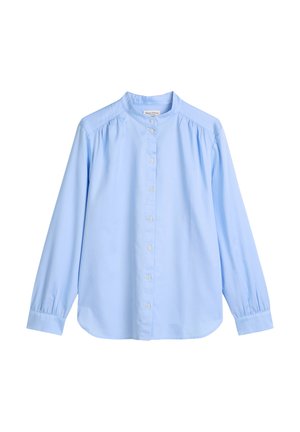 Light blue long-sleeve shirt made of cotton. Features a mandarin collar, button front, and gathered shoulders. Soft texture, relaxed fit.