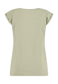 T-shirt vert clair à manches courtes avec une texture douce, décolleté rond et manches légèrement retroussées. Design simple, sans motifs ni accents.
