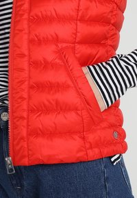 Gilet piumino rosso con design a quadri, dotato di una tasca laterale e di un dettaglio con logo. Indossato sopra una camicia a maniche lunghe a righe bianco e nere.