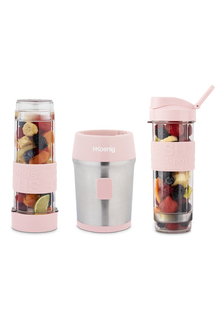 Tre contenitori per bevande H.Koenig rosa: due tazze di miscelazione trasparenti piene di frutta e una tazza isolata in acciaio inox con una fascia rosa.