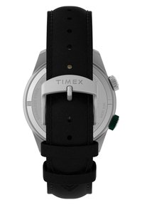 Cinturino in pelle nera con cassa in acciaio inossidabile argentato. Presenta una corona verde e il logo 'TIMEX' sulla fibbia. Resistente all'acqua fino a 50 metri.