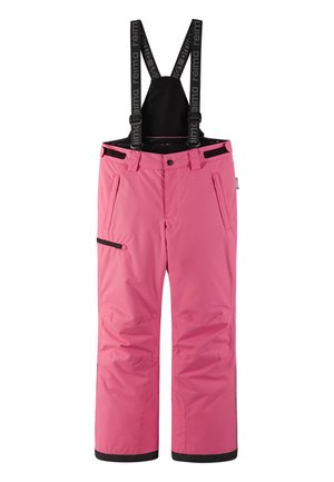Rosefarbene Schneehosen mit verstellbaren schwarzen Trägern, mehreren Taschen, einer glatten Textur und kontrastierenden schwarzen Akzenten an den Säumen.
