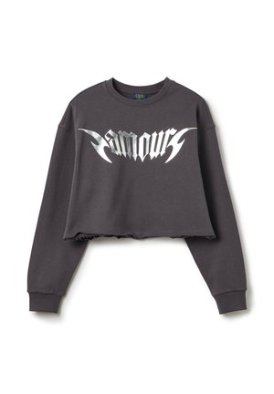 Kort gesneden sweatshirt van donkergrijze stof met een groot metallic zilveren "Amour"-print. Zachte textuur met een ruwe zoom en lange mouwen.