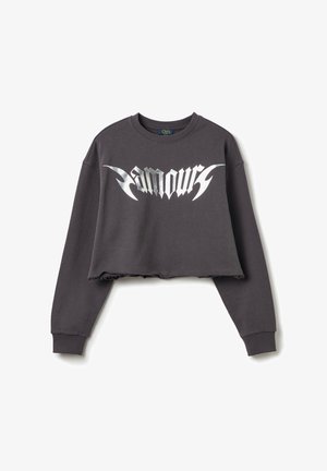 Kort gesneden sweatshirt van donkergrijze stof met een groot metallic zilveren "Amour"-print. Zachte textuur met een ruwe zoom en lange mouwen.