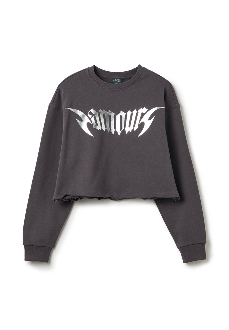 Kort gesneden sweatshirt van donkergrijze stof met een groot metallic zilveren "Amour"-print. Zachte textuur met een ruwe zoom en lange mouwen.