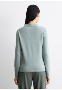 Hellgrüner Strickpullover mit kragenförmigem Ausschnitt und langen Ärmeln. Glatte Textur mit leicht taillierter Form und subtilen Nähdetails.