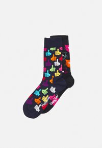 Cotton socks, one navy with colorful thumbs-up pattern, the other black with pink and orange cat designs. Features brand logo near the ankle.