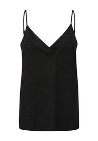 Débardeur noir avec fines bretelles réglables, décolleté en V et tissu légèrement texturé, présentant une coupe décontractée et une couleur unie.