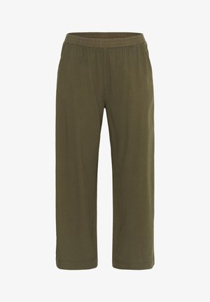 Pantalons légers couleur olive, avec une taille élastique et une coupe droite. La texture du tissu semble douce et lisse, sans motifs visibles.