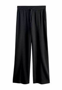 Schwarze Hosen mit weitem Bein aus weichem Stoff, mit einem Taillenzug und zwei seitlichen Taschen für Komfort.