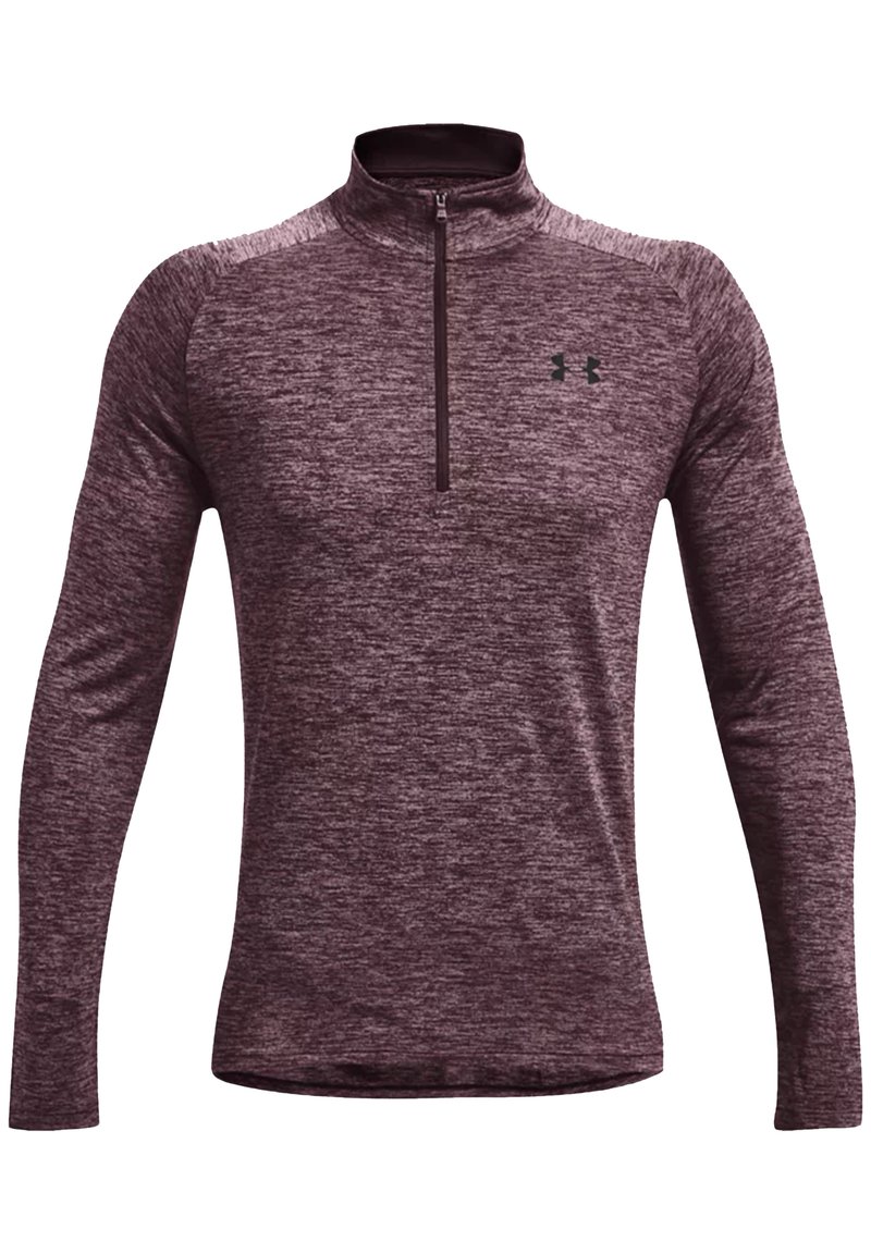 Tumman viininpunainen pitkähihainen urheilupaita, jossa on neljännesvetoketju, teksturoitu kangas ja musta Under Armour -logo rinnassa.