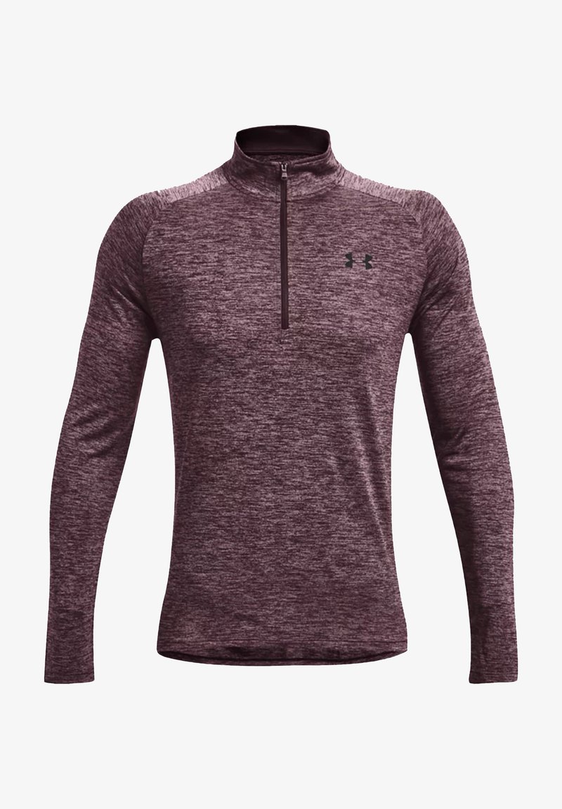 Tumman viininpunainen pitkähihainen urheilupaita, jossa on neljännesvetoketju, teksturoitu kangas ja musta Under Armour -logo rinnassa.