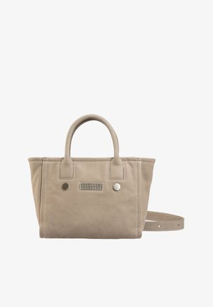 Beige leren handtas met stevige structuur, korte handvatten en een afneembare schouderband. Beschikt over een gestippeld gedeelte en metalen accenten.