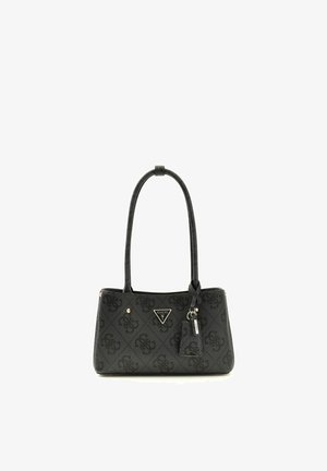 Borsa Guess nera con doppio manico, motivo logo su tutta la superficie e triangolo con logo in metallo sul davanti con portachiavi allegati.