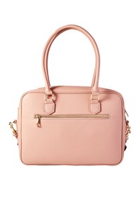 Rosa strukturerad läderhandväska med gyllene detaljer, dubbla handtag och en dragkedjeförsedd frontficka. Har en avtagbar axelrem.