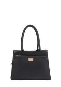 Zwarte leren handtas met dubbele handvatten, gestructureerde vorm, ritszak aan de voorzijde en een klein gouden merkplaatje. Gemêleerde afwerking.