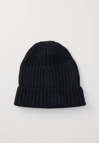 Black ribbed knit beanie hat with a folded cuff, featuring a textured surface and a tapered top. Made from a soft wool blend material.