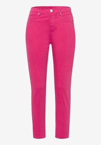 Pantalon slim rose vif avec poches avant, bouton et fermeture éclair, présenté sur fond blanc.