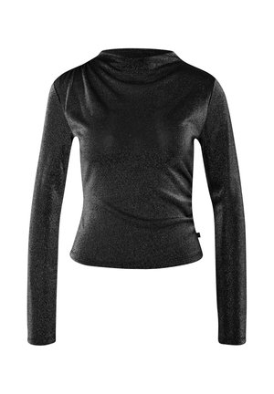 Schwarzes Langarm-Top aus glänzendem, strukturiertem Stoff mit drapiertem Ausschnitt und figurbetonter Silhouette. Mit dezenten Glitzereffekten und ohne sichtbare Verschlüsse.