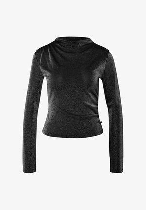Zwarte top met lange mouwen gemaakt van glanzende, gestructureerde stof met een gedrapeerde halslijn en een aansluitend silhouet. Heeft subtiele glinsteringen en geen zichtbare hardware.