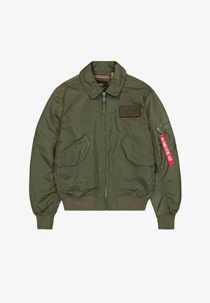 Olívazöld bomberdzseki elülső cipzárral, két fedeles zsebbel, bordás mandzsettával és szegéllyel, valamint a bal ujjon található cipzáras zsebben piros "Remove Before Flight" feliratú címkével.