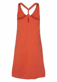 Robe orange sans manches avec un design croisé dans le dos. Texture lisse, longueur au genou, avec un détail en forme de trou à l'arrière.