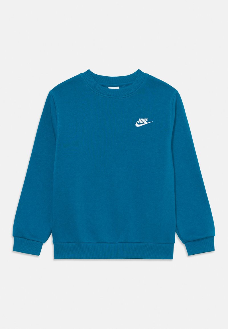 Sweatshirt azul de manga longa da Nike com punhos e barra canelados, apresentando um logotipo branco da Nike no lado esquerdo do peito.