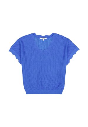 Blauwe gebreide trui met een gegolfde V-hals en korte mouwen. Gestructureerd patroon en geribbelde zoom voegen details toe.