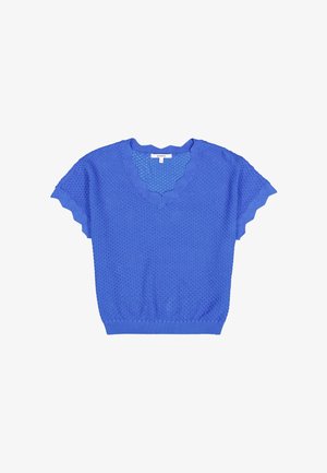 Blauwe gebreide trui met een gegolfde V-hals en korte mouwen. Gestructureerd patroon en geribbelde zoom voegen details toe.