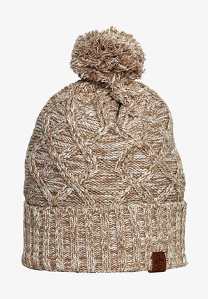 Beanie lavorato a maglia in marrone chiaro e crema con motivo a diamante testurizzato e bordo a coste. Completato con un soffice pompon sulla parte superiore.