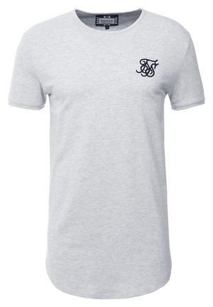 Jasnoszary T-shirt z krótkim rękawem i okrągłym dekoltem, z małym czarnym haftowanym logo na lewej piersi oraz zaokrąglonym dołem.