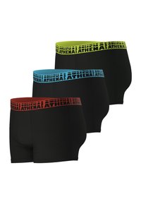 Ensemble de boxers noirs avec trois ceintures colorées : vert néon, bleu clair et rouge. Le matériau est lisse et extensible.