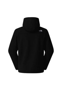 Czarna kurtka z kapturem i długimi rękawami, pokazana z tyłu, z małym białym logo "The North Face" na górnej prawej części.