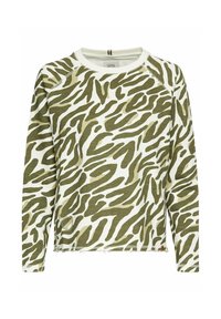 Grøn og hvid langærmet sweatshirt med zebramønster, lavet af blød bomuld, med en rund halsudskæring og ufærdig kant.