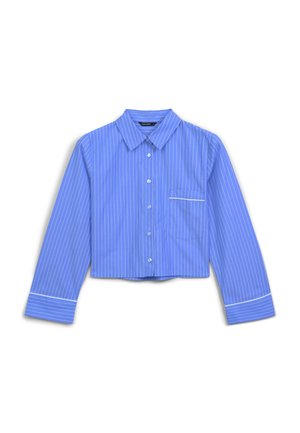 Camicetta blu tagliata, con strisce verticali bianche, colletto, maniche lunghe e taschino sul petto con bordo bianco.