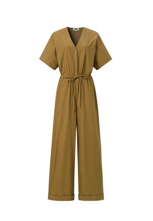 Olivgrüner Kurzarm-Jumpsuit mit V-Ausschnitt, Knopfleiste vorne, verstellbarem Taillenband, weitem Bein und umgeschlagenen Saum.