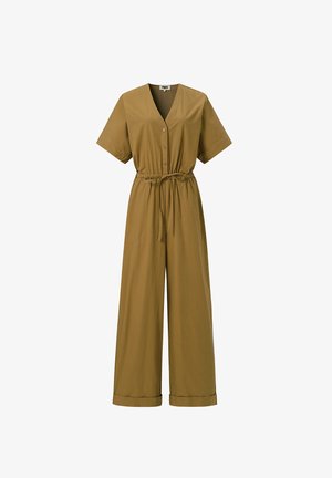 Olijfgroene jumpsuit met korte mouwen, V-hals, knopen aan de voorkant, verstelbare tailleband, wijde pijpen en omgeslagen zoom.