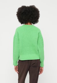 Πράσινο πλεκτό πουλόβερ με υφή, με ραμμένους ώμους, ριμπ τελείωμα και φαρδιά μανίκια. Εμφανίζεται από την πίσω πλευρά, με φόντο ένα απλό τοίχο.